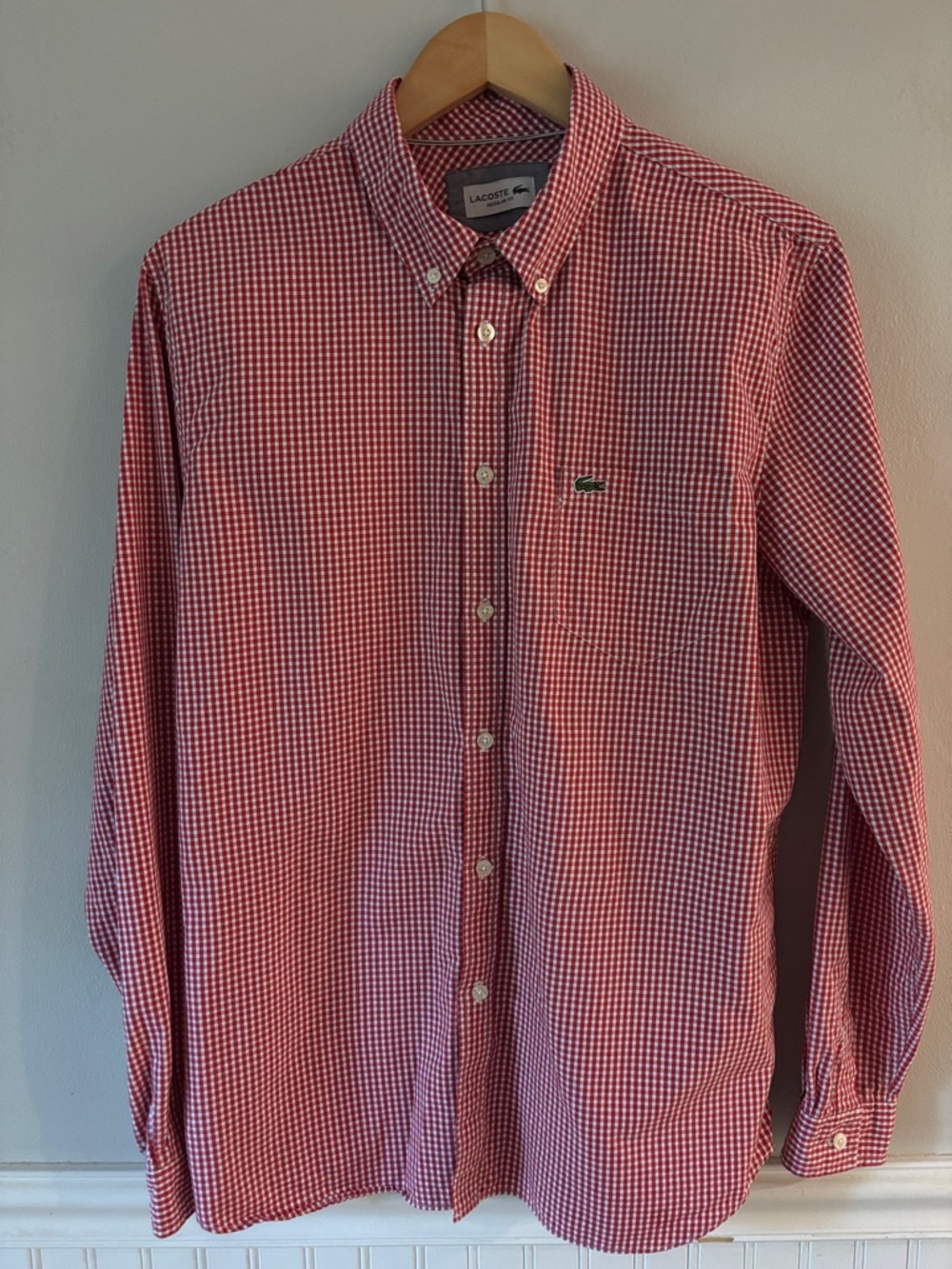 Lacoste Red Gingham Button-Down Regular Fit Shirt with Embroidered Crocodile
